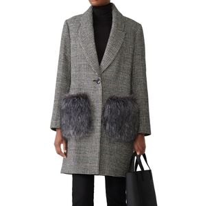 Kendall & Kylie Houndstooth Fur Pocket Wool Coat